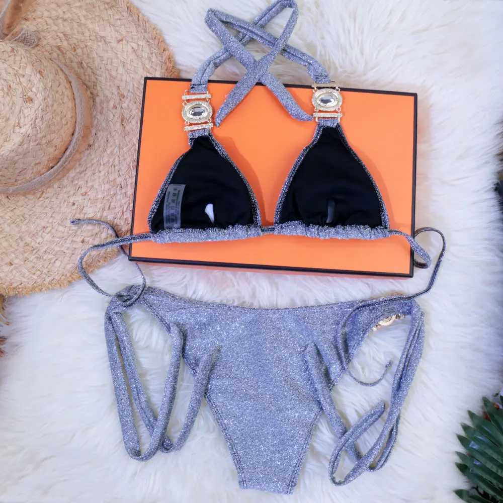 Women's Swimwear Sapphire Blue Bikini Shiny Bikini Set Girl Crystal Two Piece Swimwear Womens Swimwear Push Up Swimwear Beach Suit J240330