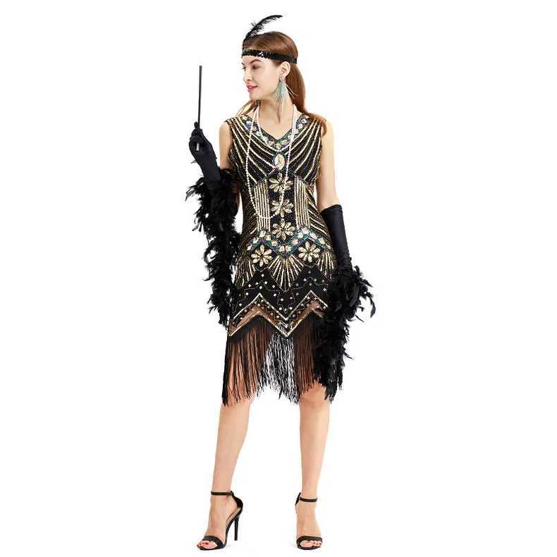 Urban Sexy Dresses Wepbel 1920er Jahre Vintage Gatsby Kleid Damen ärmellos, figurbetont, Perlen, Pailletten, Quaste, V-Ausschnitt, schmal geschnitten, Abend-Kleid, yq240330