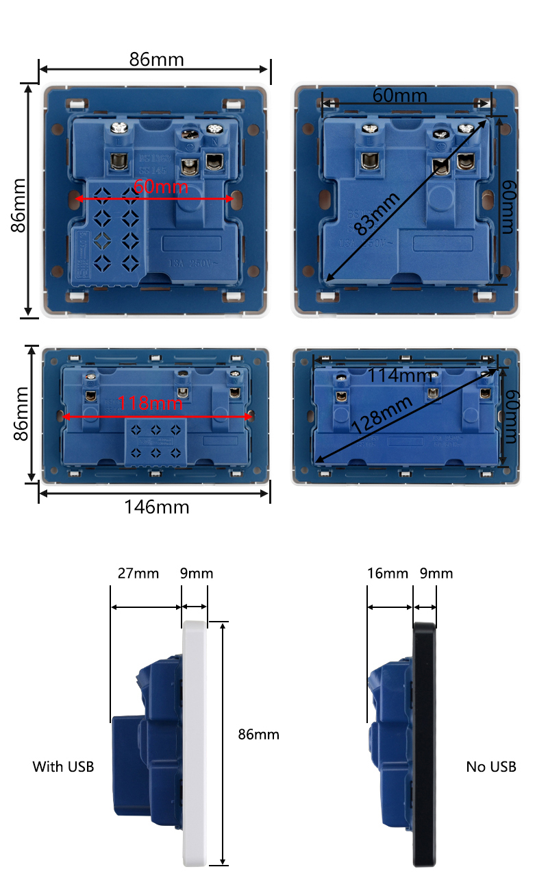 Великобритания Standard Power Socket 13a двойной USB -зарядные порты 2.1A Светодиодный индикатор односторонний выход с двойной стеной Черный пластик Мальта Сингапур