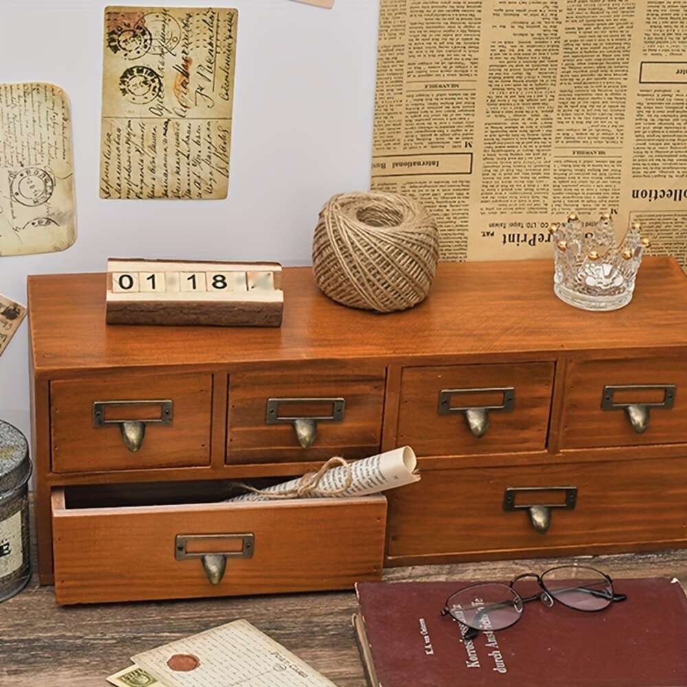 Desktop Box, Drawer Type Rack, Vintage Wooden Cabinet, Large Capacity Skincare Stationary Container, Multi-functional Makeup Storage Organizer