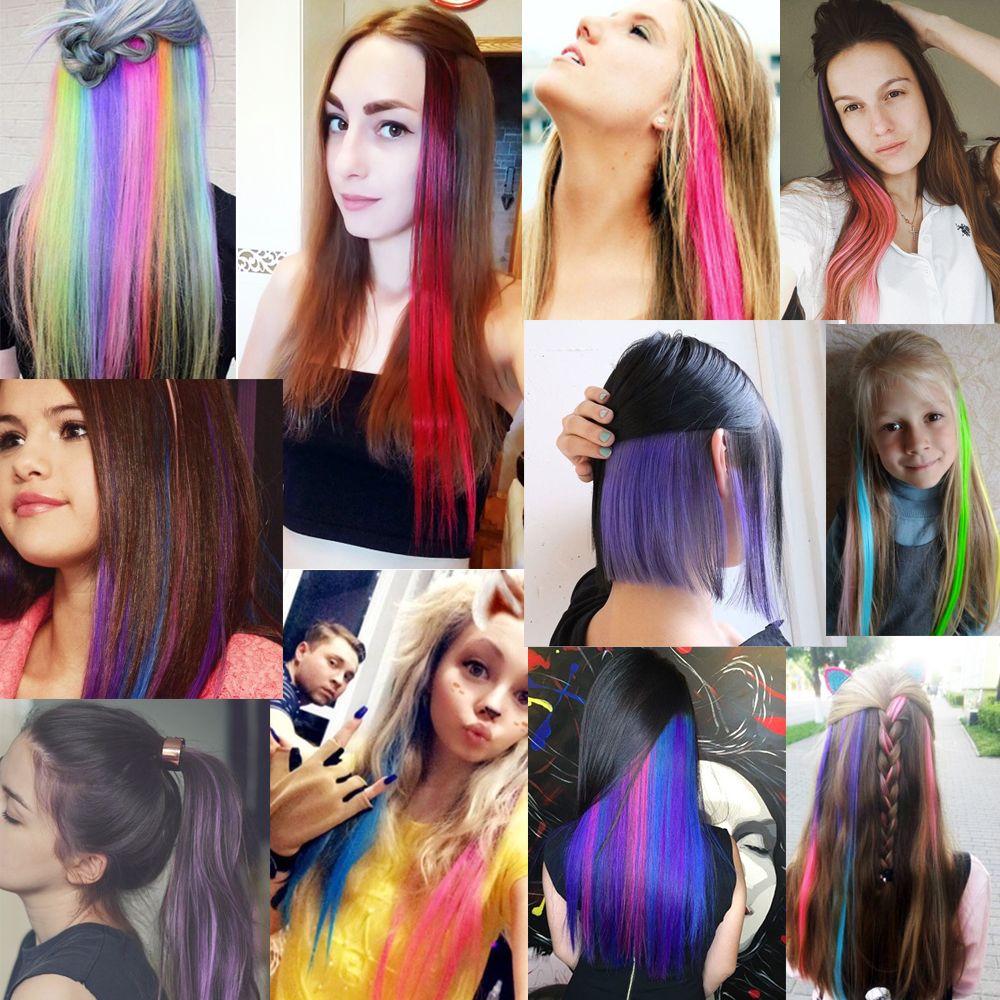 18 Clip ombre synthétique coloré dans les cheveux One Piece Long Long Raide Rainbow 22 pouces Party Highlights Extensions for Women Kids Girls