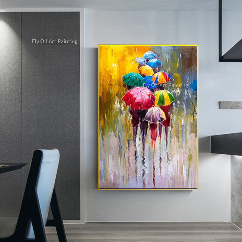 Abstract Beautiful Girl Holding Umbrella Oil Painting On Canvas Colorful Wall Art For Living Room Home Decoration Handmade Rainning Day Canvas Painting