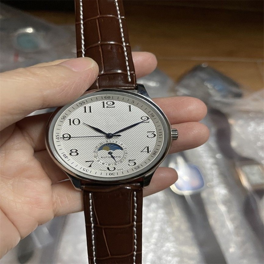 Classic Man Watch Mechanical Automatic Watches For Men White Dial Brown Leather Strap 001276d