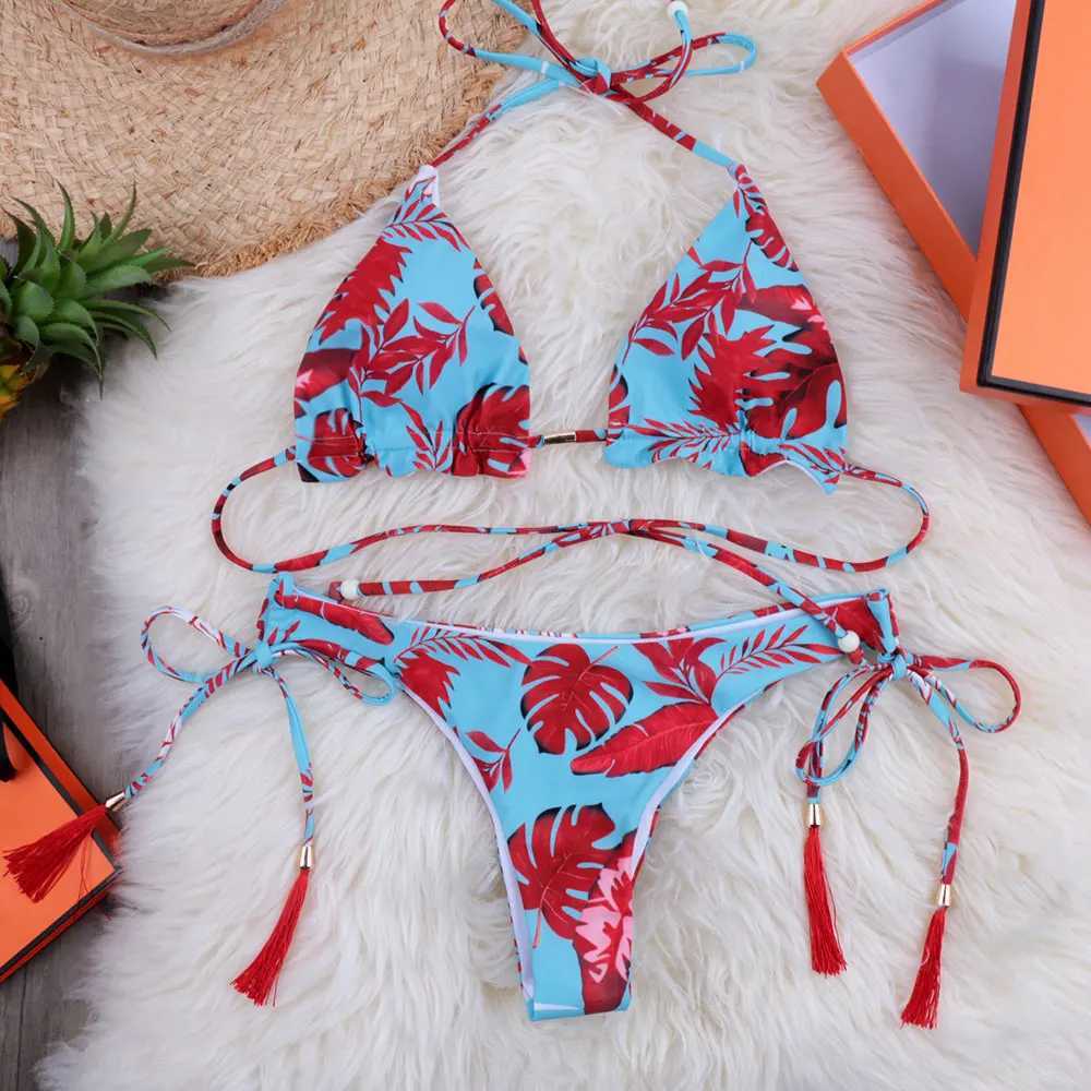 Traje de baño para mujer Conjunto de bikini triangular para niñas Brasil Bikini 2024 Traje de baño con correa de lazo Traje de baño con borlas Traje de playa para mujer Traje de baño push up J240330