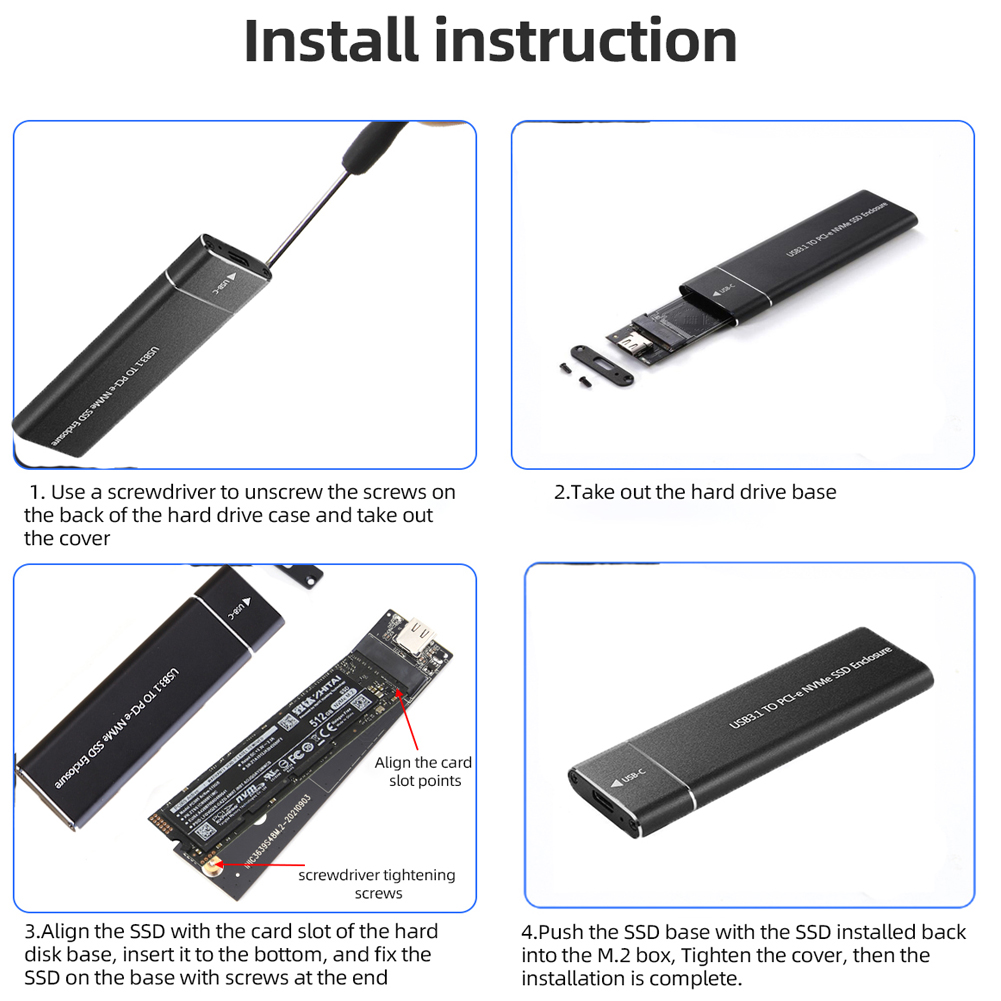 M2 SSD NVMEエンクロージャーPCIE 10GBPS USB 3.1 GEN2外部NVMEケースUSB Cアダプターアルミニウムボックスマックス4TB M2 SSD Mキー2280