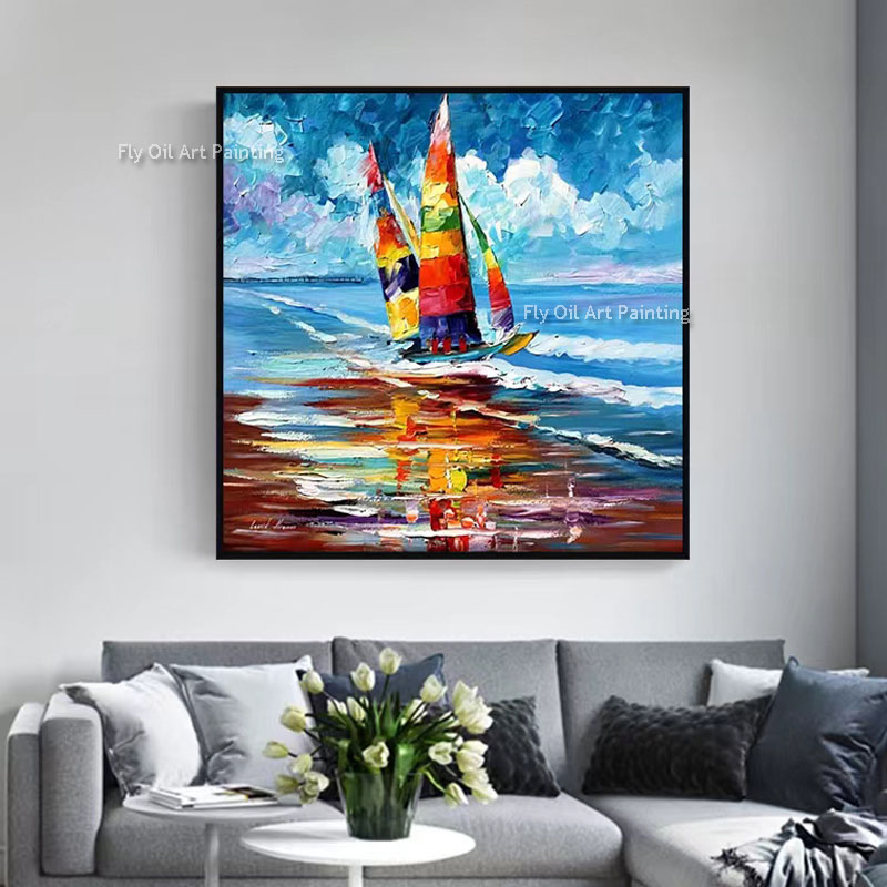 Iate náutico colorido veleiro no mar pintura a óleo pintura em tela arte de parede feita à mão cenário do mar para sala de estar quarto decoração de casa arte de navio