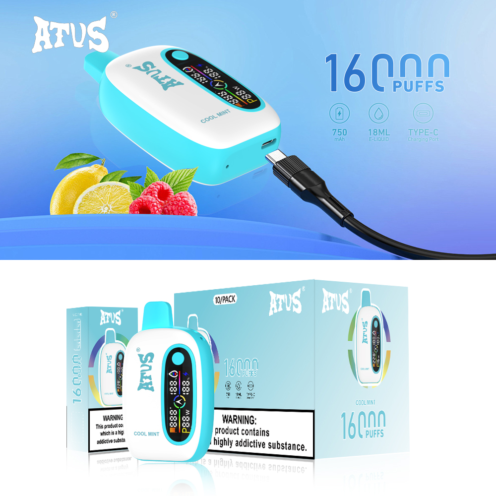 ATVS 16KPUFF 16000PUFF 스마트 디스플레이, 일회용 vape 충전식 전자 담배 750mAh 배터리 7000 퍼프 12000 퍼프 18000 퍼프 vaper