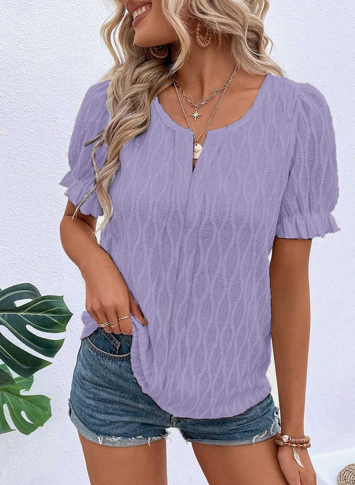 2024 Spring/summer New V-neck T-shirt Bubble Sleeve Jacquard Womens Casual Loose Short Sleeved