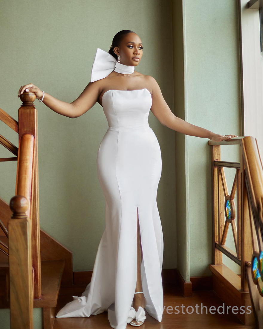 2024 Sereia Vestidos de Noiva Vestidos de Noiva Plus Size Strapless Alta Dividir Vestidos de Casamento de Cetim para Mulheres Negras Africanas Ocasiões Especiais D218