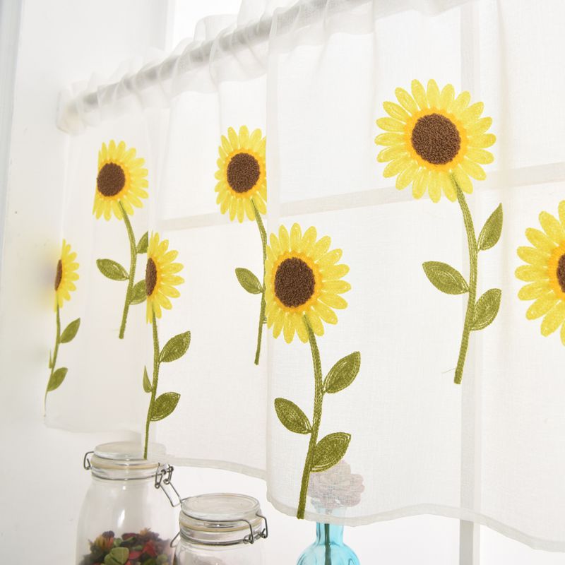 Short Sheer Curtain Sunflower Embroidered Decorative Polyester Living Room Bedroom Window Curtain for Kitchen Home Decor