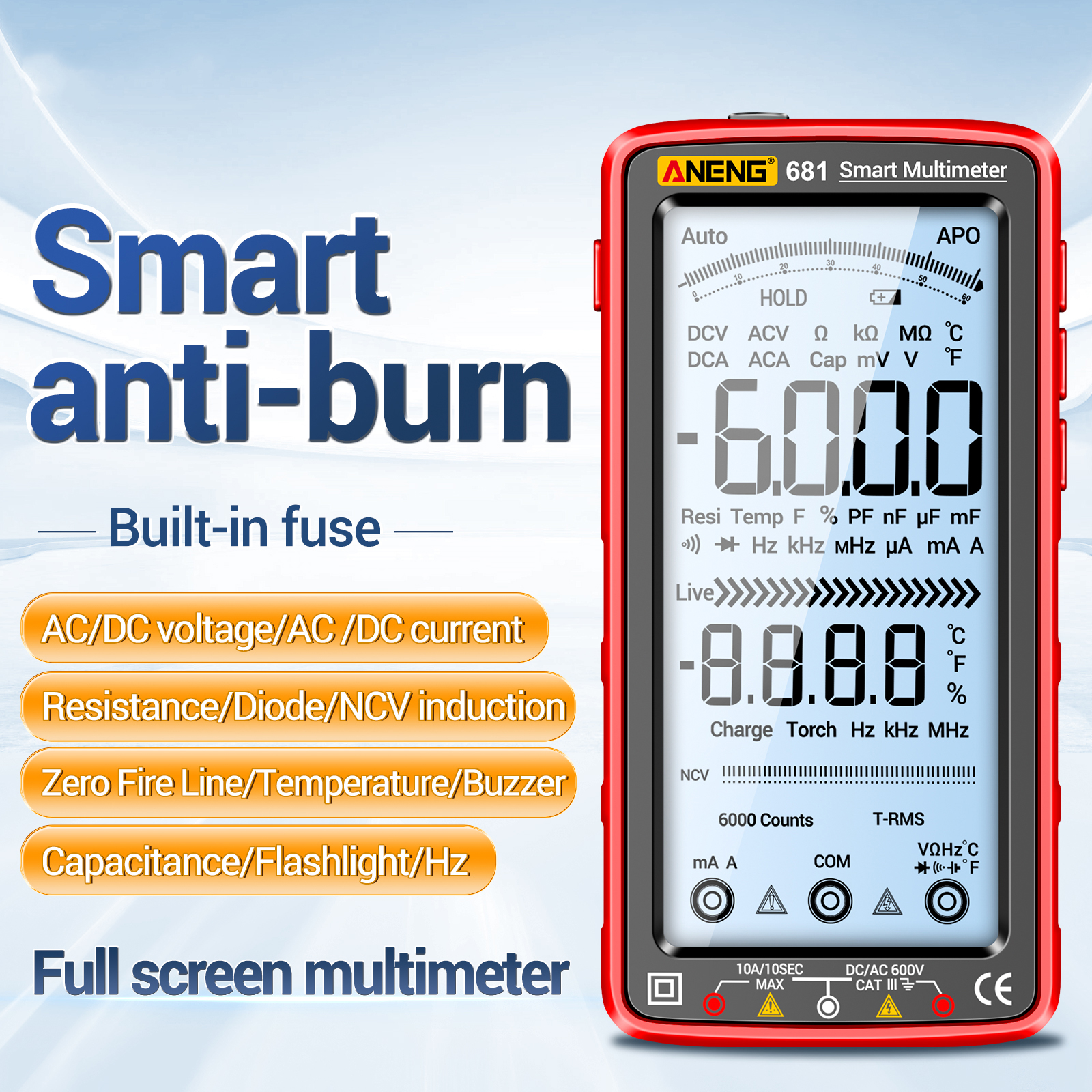 Aneng 681/682/683 6000 conteggi multimetro digitale multimetro digitale smart anti-burn Tester NCV ricaricabile ricaricabile corrente di tensione