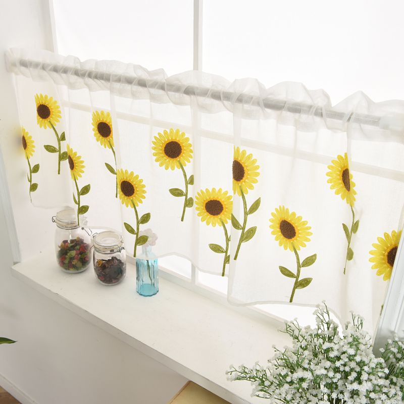 Short Sheer Curtain Sunflower Embroidered Decorative Polyester Living Room Bedroom Window Curtain for Kitchen Home Decor