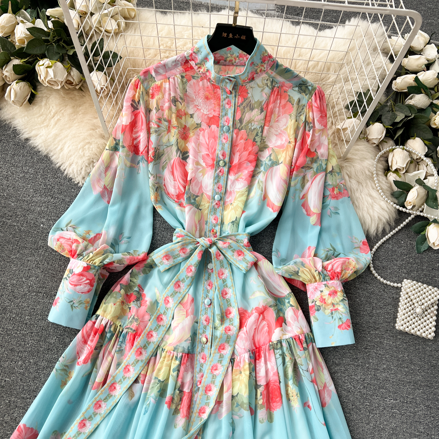 Basic Casual Jurken 2024 Lente Zomer Bloemenprint Chiffon Boheemse Jurk Dames Stand Lange Lantaarnmouwen Ruches Knopen Riem Maxi Gewaad Vestidos