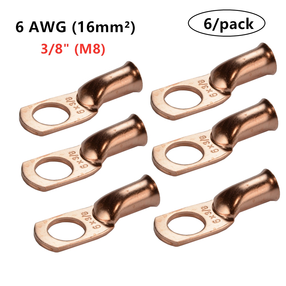 25/10/6/3/8" 5/16" 1/4"Wire Ring Lugs Bare Copper 6 AWG Gauge Connectors Crimp Terminals Kit Assortment