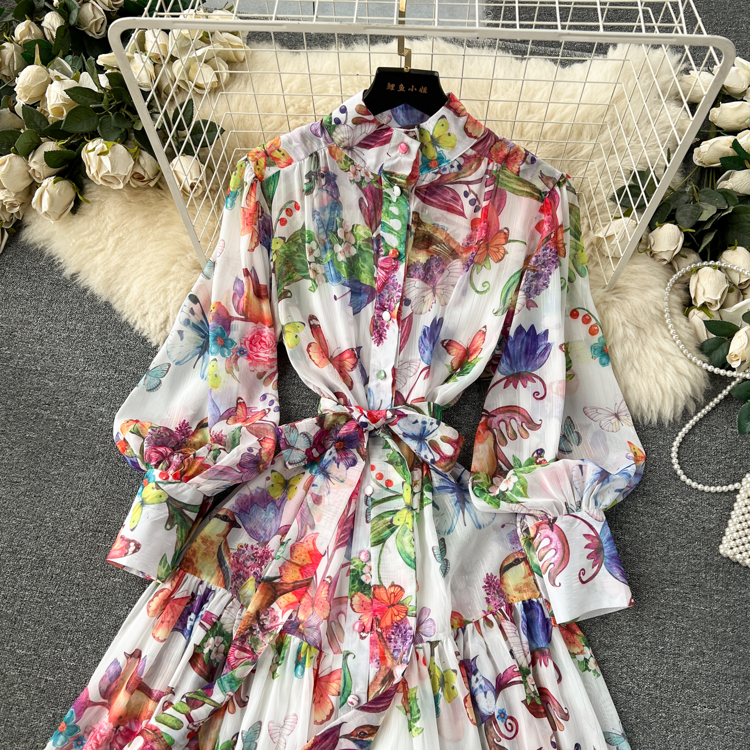 Podstawowe sukienki swobodne 2024 Bohemian Floral Szyfonowe sukienki letnie dla kobiet stojak na pas startowy Pas Lantern Sleeve Beach Holiday Long Vestidos Boho szatę