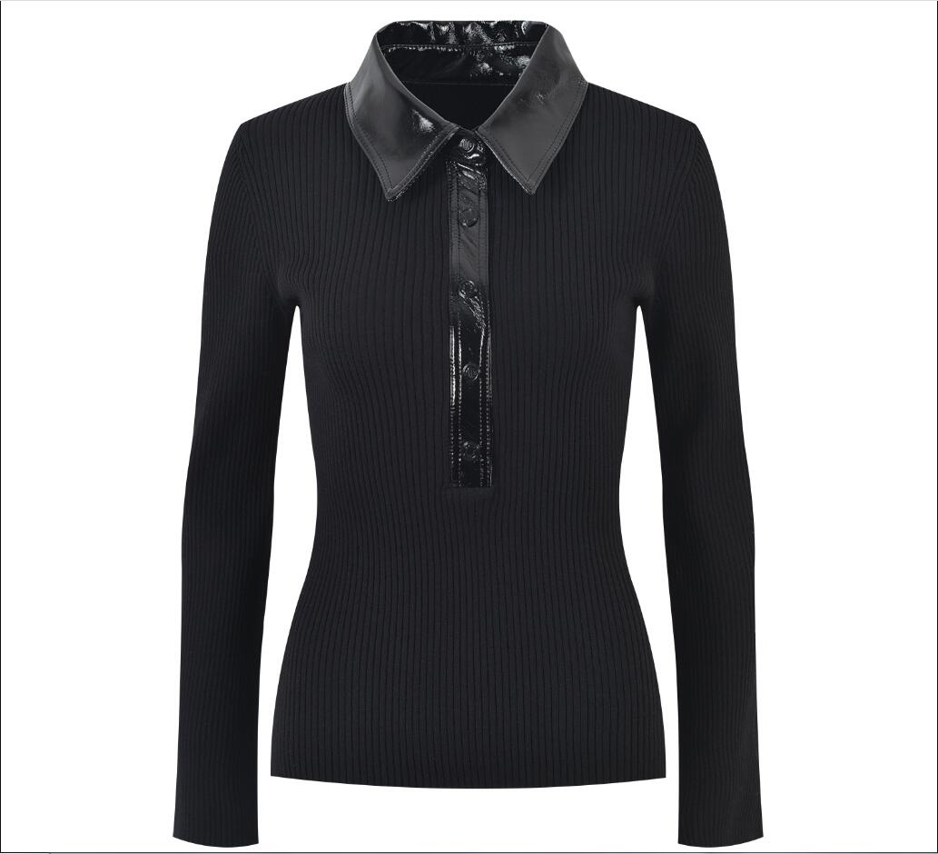 2024 весенний кожаный лоскутный комплект Maj-e с длинными рукавами и облегающим черным вязаным свитером + полуюбка для женщин