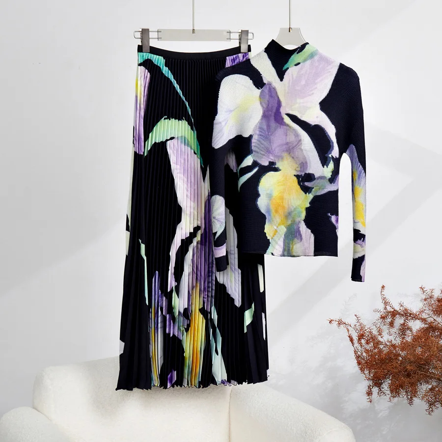 Kadınlar Sonbahar Vintage İki Paruslu Elbise Piled Çiçek Etek Takım Kadın Streç Pullover Üstler Yüksek Bel Çiçek Baskılı Etek Tatil Pisti İki Parça Seti 2024