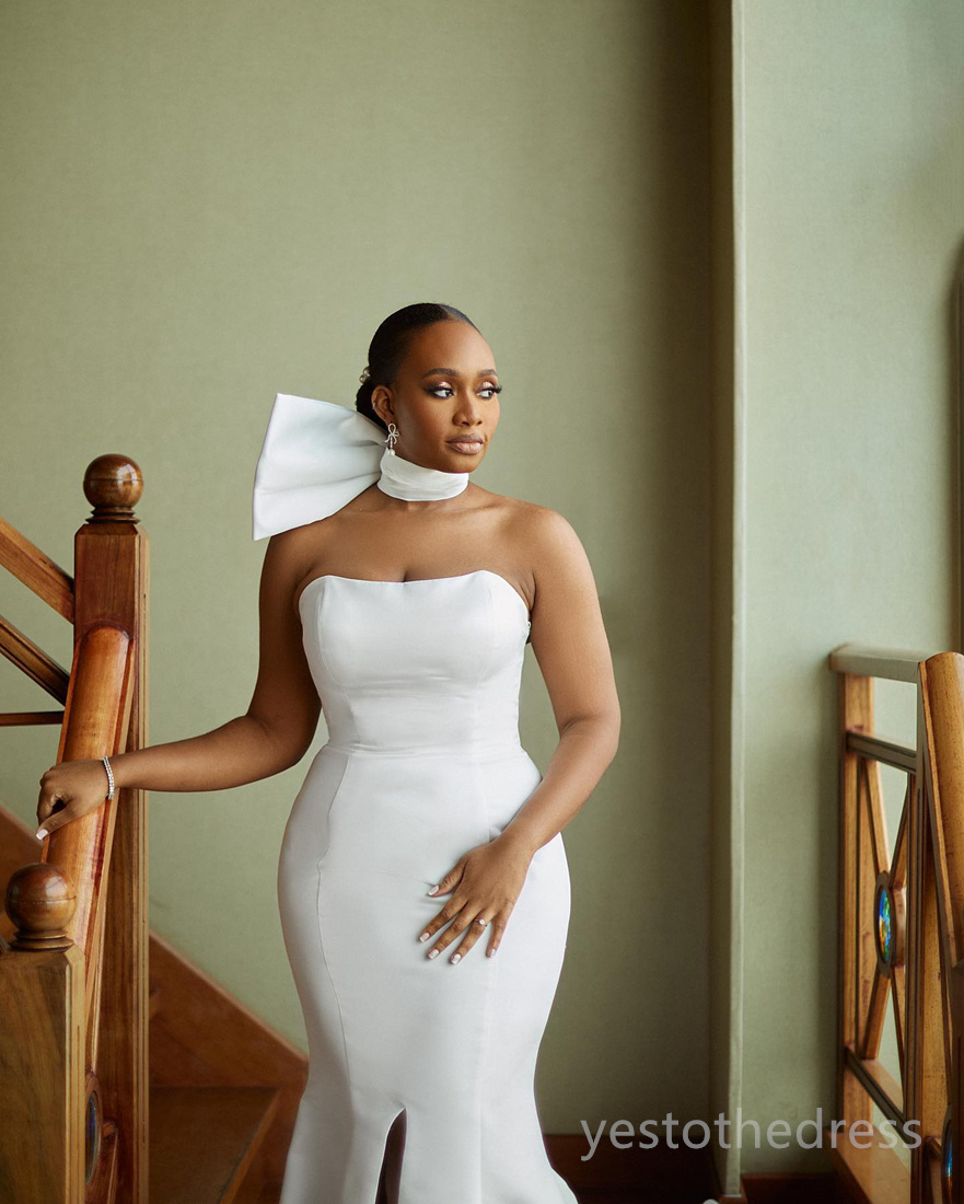 2024 Sereia Vestidos de Noiva Vestidos de Noiva Plus Size Strapless Alta Dividir Vestidos de Casamento de Cetim para Mulheres Negras Africanas Ocasiões Especiais D218