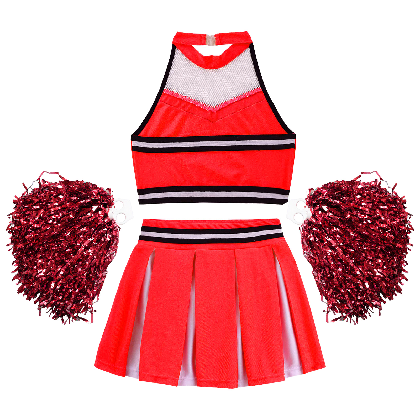 Kinder Girls Cheerleader Uniform Neckholder Neck Mesh Patchwork Buchstaben gedrucktes Erntepunkt mit Faltenrock und Blumenkugeln