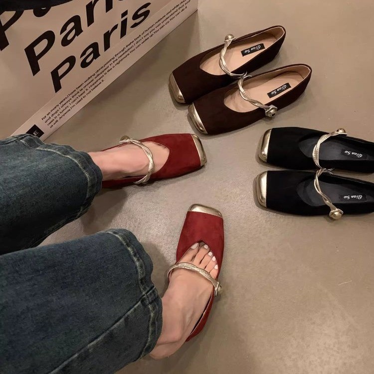 Mary-Jane-Schuhe mit flachem Boden und quadratischer Zehenpartie für Damen, Frühling/Sommer 2024, neue Wildlederoberfläche, Farbblockierung, modischer leichter Mund, einzelne Schuhe im französischen Abendstil