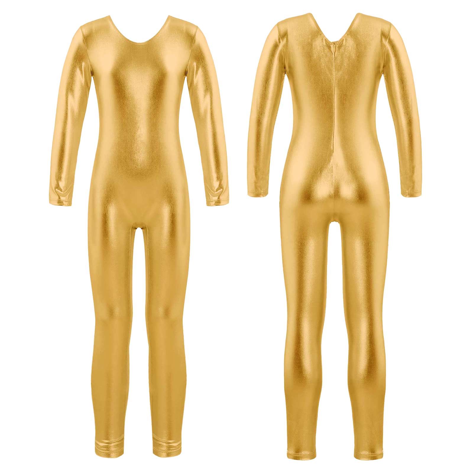 Barnflickor Shiny Metallic Full Bodysuit Dancewear Boys Long Sleeves Gymnastik Jumpsuit Ballet Unitard Dance Performance Suit Su