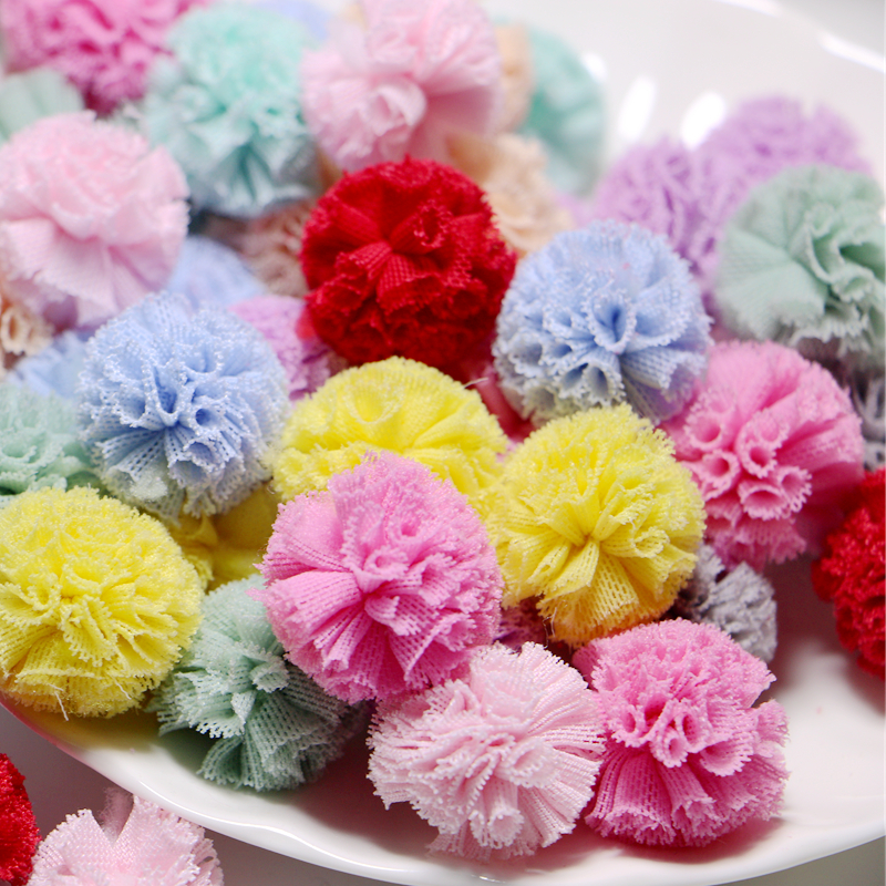 20/25mm de gaze de renda pom pom flores elásticas bolas de pingente de malha de pompom de pelúcia para cilina para acessórios para decoração