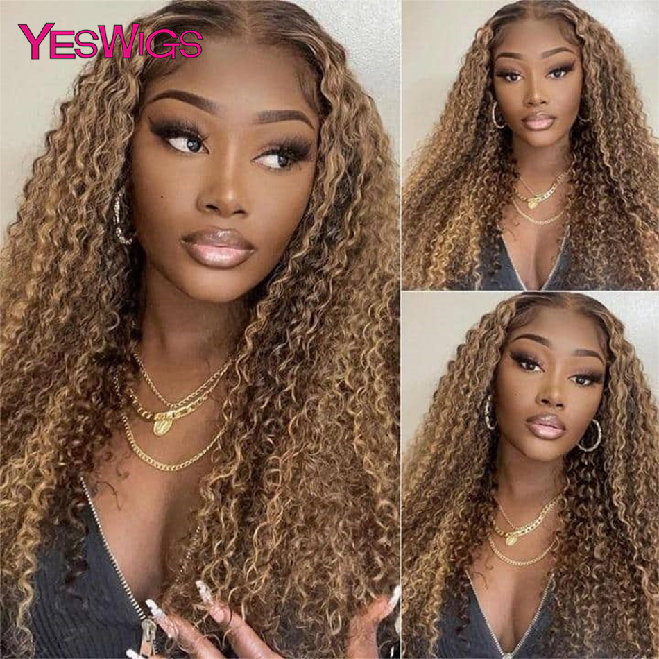 30 40 pouces Highlight ombre Curly 13x4 en dentelle Front Human Hair Wigs Honey Blonde Blonde Deep Wave Frontal Fermeure Wigs for Women