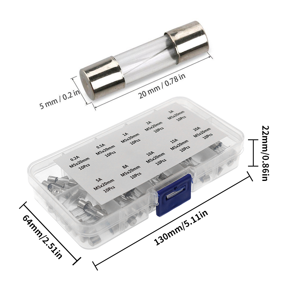 100st Glass Tube säkring Ousorted Kit 5 * 20mm Snabbblow Glass Tube Säkring 250V Fast Acting Glass Säkring Packag i en klar plastlåda