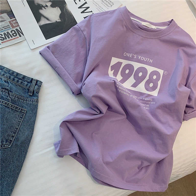 Brevtryck 1998 Kort ärmkvinnor T-shirt High Street Loose Chic College Style