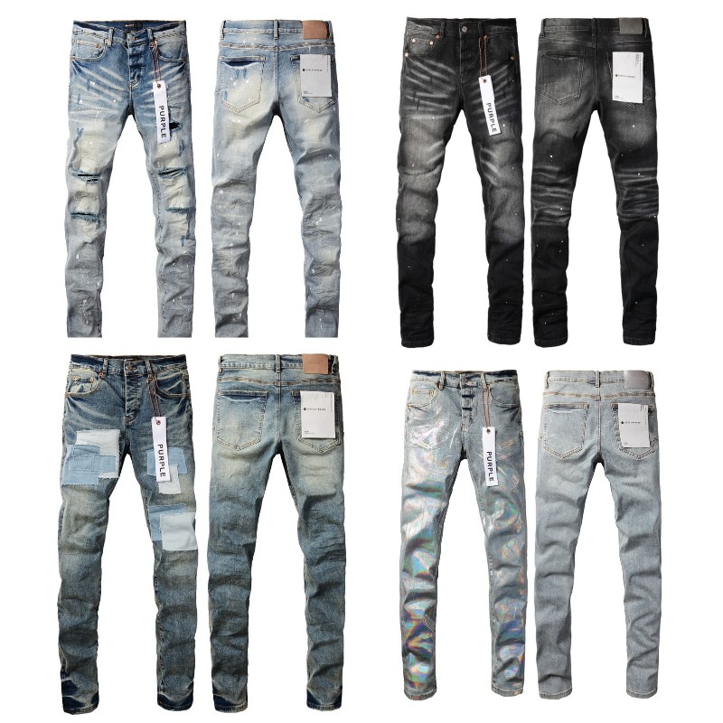 Jeans morados para hombre diseñador de jeans jeans para mujer pantalones ropa jeans morados pantalones largos apilados Jeans rasgados High Street Retro Paint Spot Patch Hole Denim Streetwear