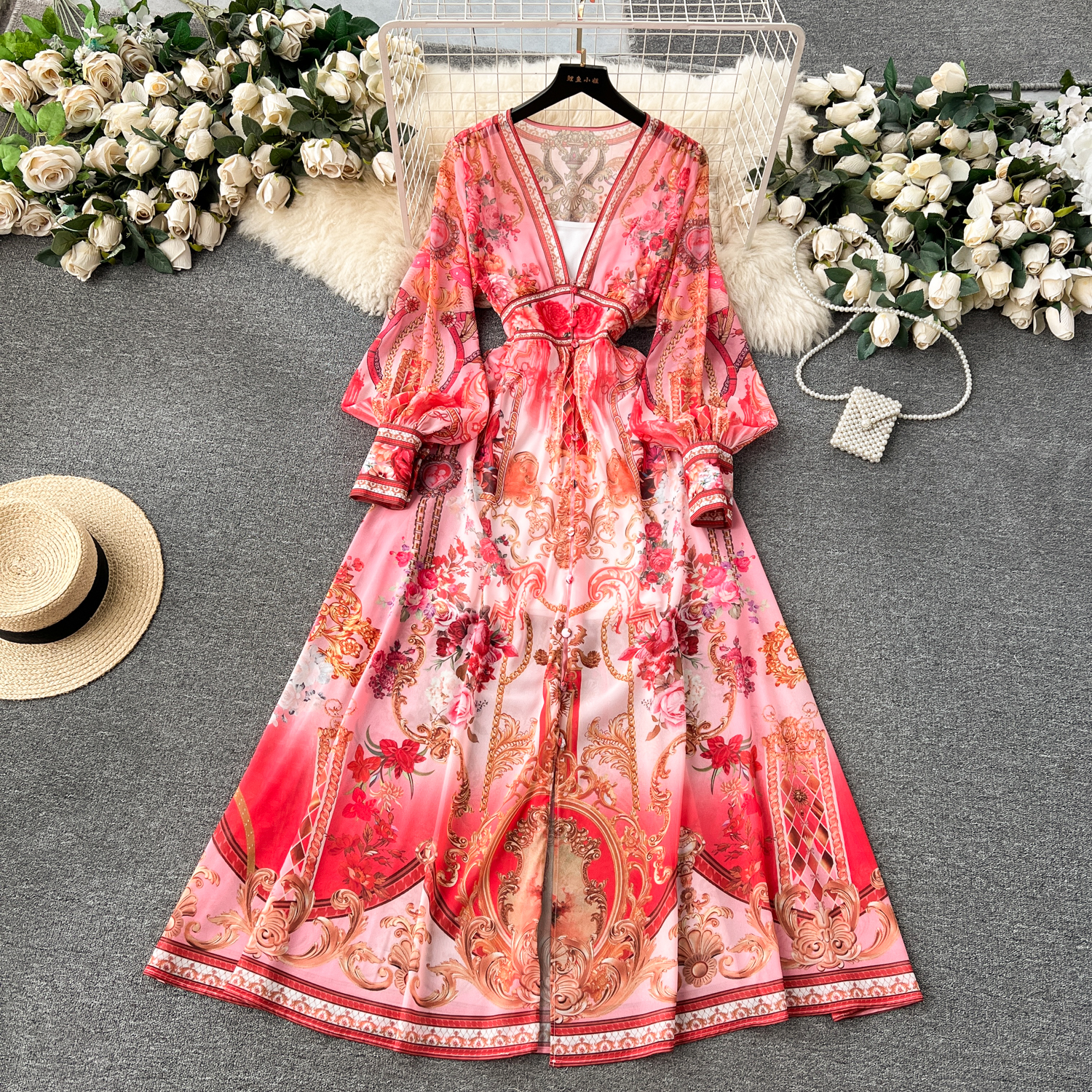 Abiti casual di base 2024 Pista di moda Verde Fiore rosso Flowy Chiffon Lanterna Abito da donna Profondo scollo a V Manica lunga Stampa floreale Boho Robe Vestido