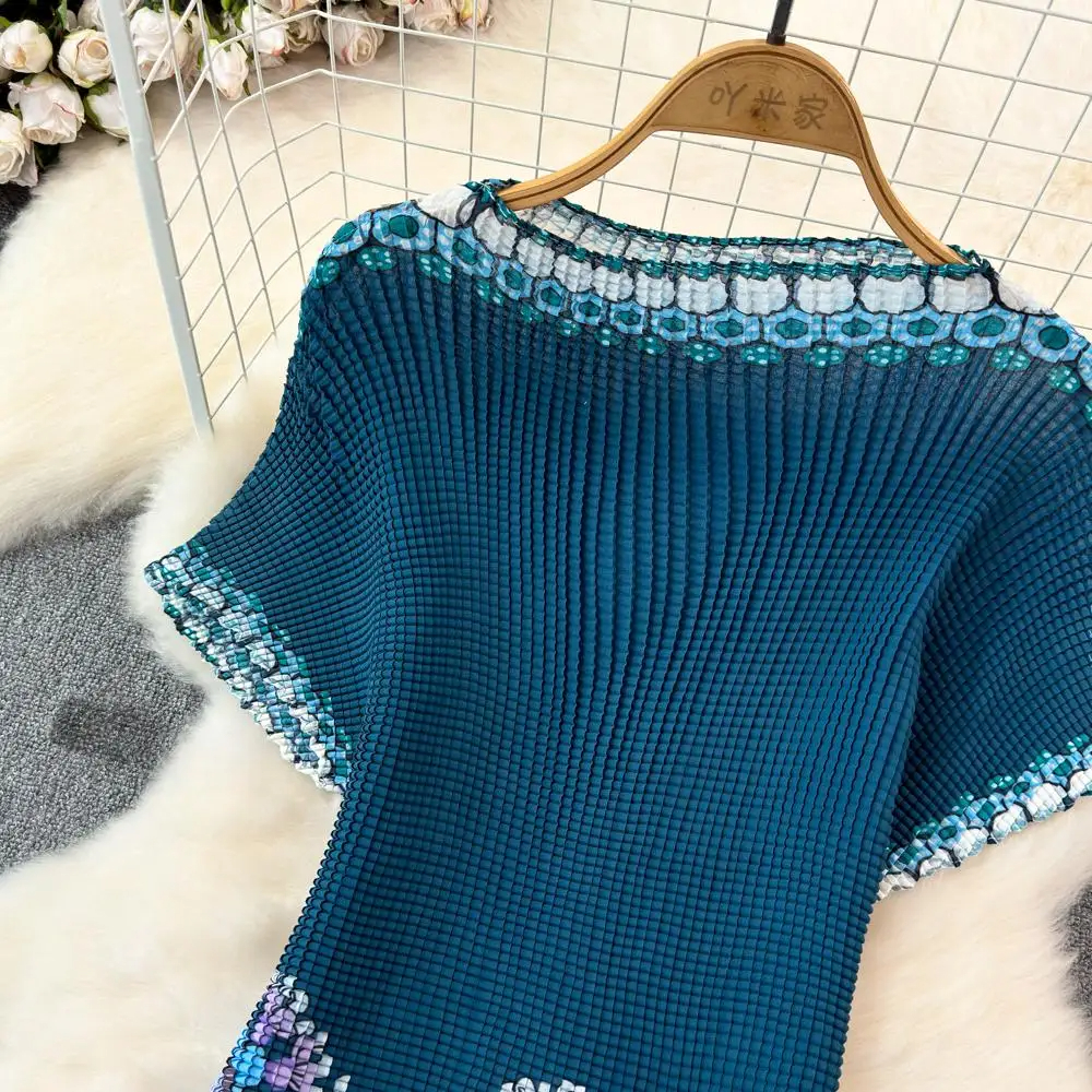 Two Piece Dress Runway Set Miyake Pleated Suit Summer Women's Turtleneck Short Sleeve Flower Print All Match Slim Tops 2024 Skirt Sets