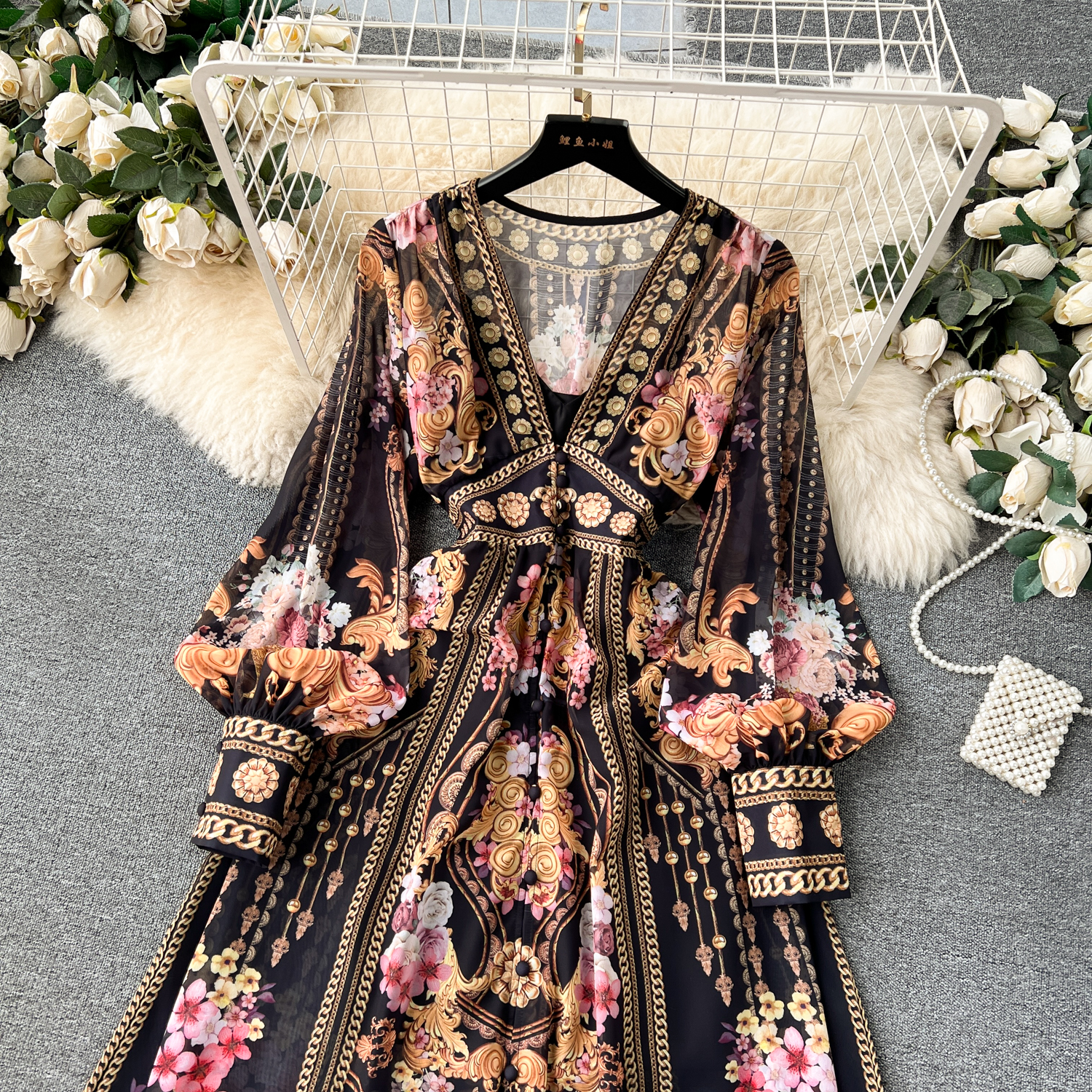 Grundläggande avslappnade klänningar 2024 Fashion Runway Green Red Flower Flowy Chiffon Lantern Dress Women Deep V Neck Long Sleeve Floral Print Boho Robe Vestido