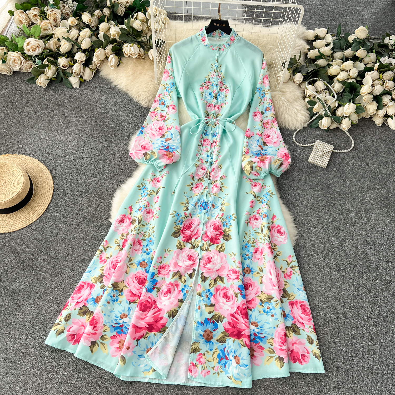 Vestidos casuais básicos 2024 moda lindo vestido de flor de impressão mulheres gola longa lanterna manga faixas de linho único breasted maxi robe roupas