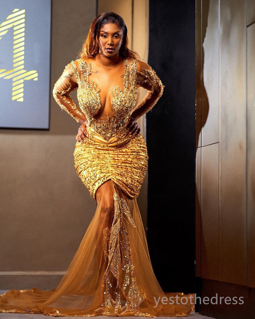 2024 Plus size gouden prom -jurken voor zwarte vrouwen illusie avondjurken elegante lange mouwen geappliqued kanten verjaardagsjurk voor Afrikaanse speciale gelegenheden Am611