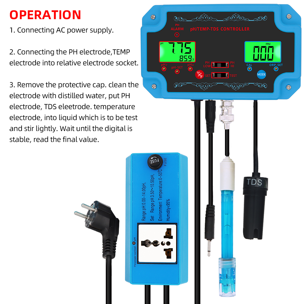 3 In 1 pH/TDS/TEMP METER PH-2826 Detector PH-controller met elektrode BNC Type Probe Waterkwaliteitstester voor aquarium 30% korting