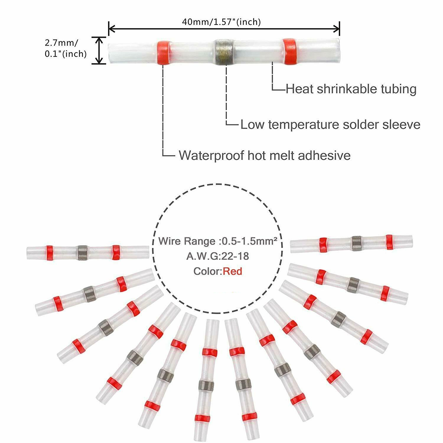 500/Waterproof Solder Seal Sleeve Splice Terminals Tinned Copper Heat Shrink Electrical Wire Butt Connectors AWG22-18 Red