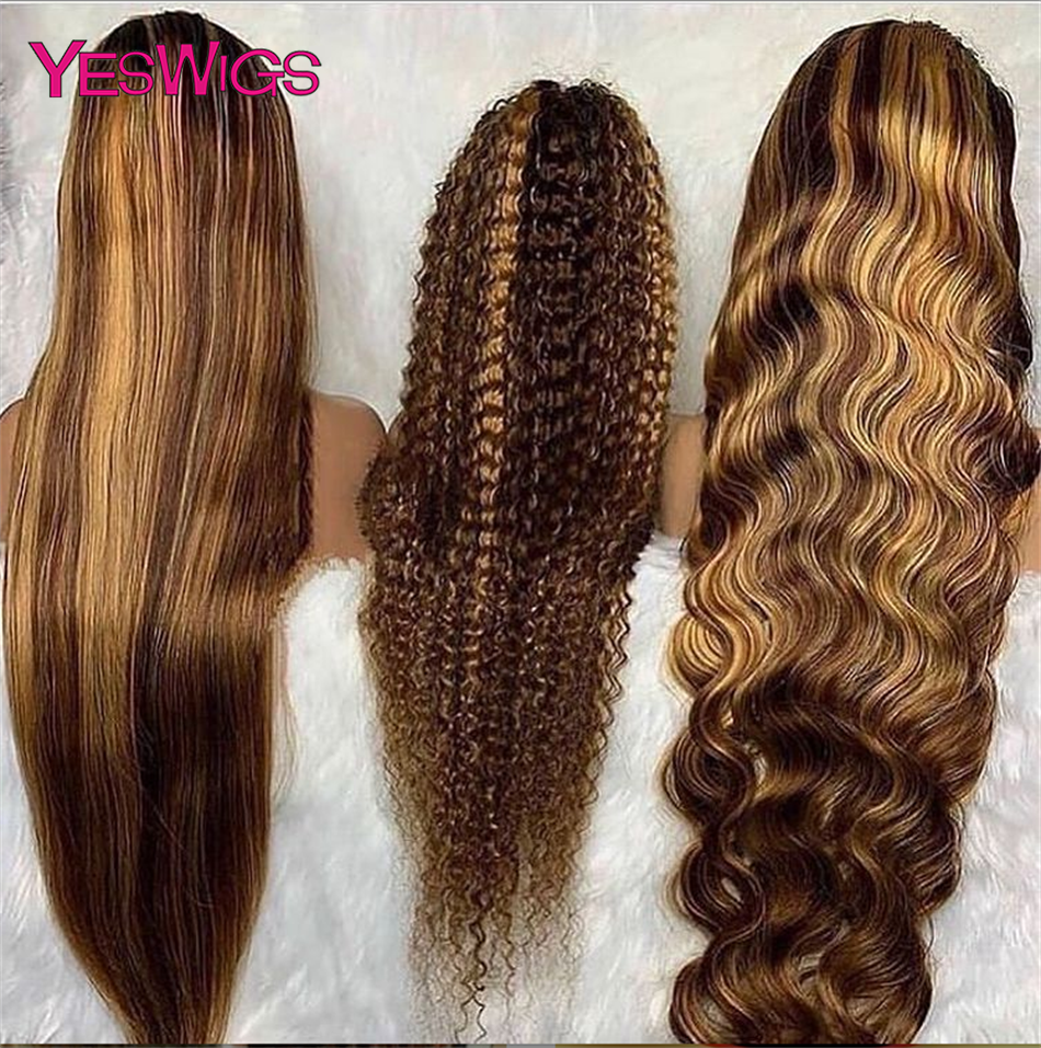 30 40 pouces Highlight ombre Curly 13x4 en dentelle Front Human Hair Wigs Honey Blonde Blonde Deep Wave Frontal Fermeure Wigs for Women