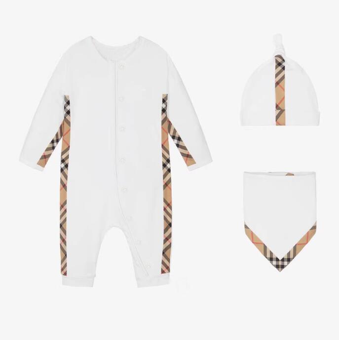 Härliga Baby Boys Girls Plaid Rompers+Hatts+Bibbs 3st Set Spring Autumn Toddler Long Sleeve Jumpsuits Infant Onesies Kids Romper