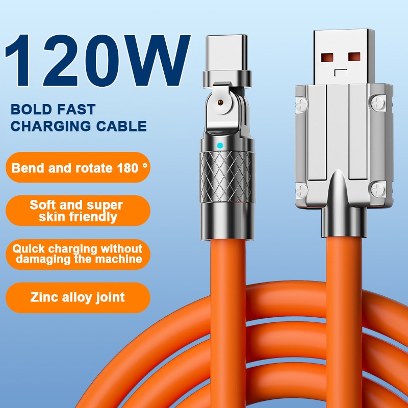 Typ C Datalinje 120W Fastladdning 6A 180 Roterande Ultra Fast Charging Line för Huawei Samsung Millet Fet förlängd silikon