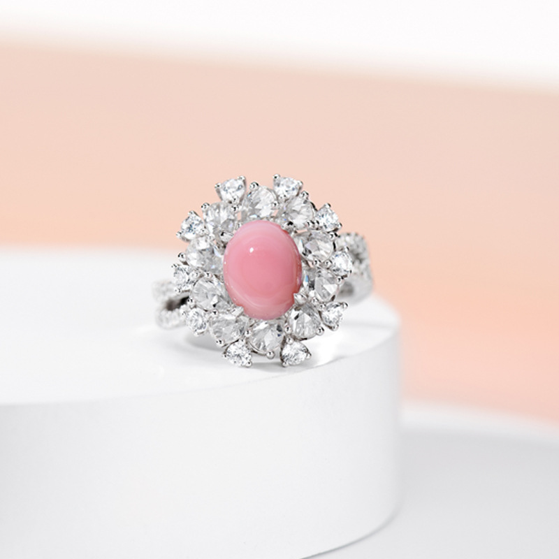 Super Immortal Pink Rare Natural Texture 925 Silver Ring Conch Bead Ring 925 Silver Diamond Oval Style Female