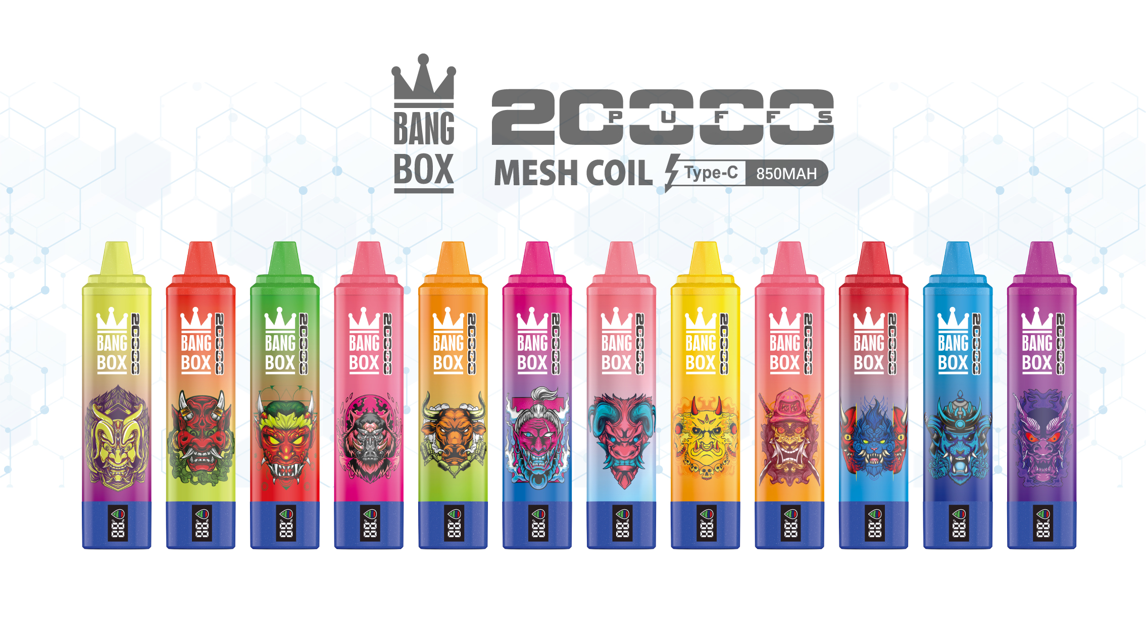 Original Bang Box MESH COIL Einweg-Vape-Set mit 12 Geschmacksrichtungen, 20k Puff, 850-mAh-Akku, vorgeladener 35-ml-Box-Pod-Vape-Stift