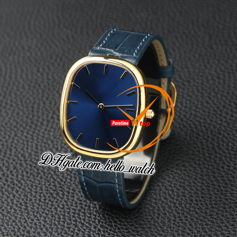 TWF 35,6 mm GOLDEN ELLIPSE 3738 / 100J-012A9015 Montre automatique pour homme 3738 Cadran bleu Saphir Boîtier en or jaune 18 carats Bracelet en cuir bleu Montres hellowatch PPHW Z24c