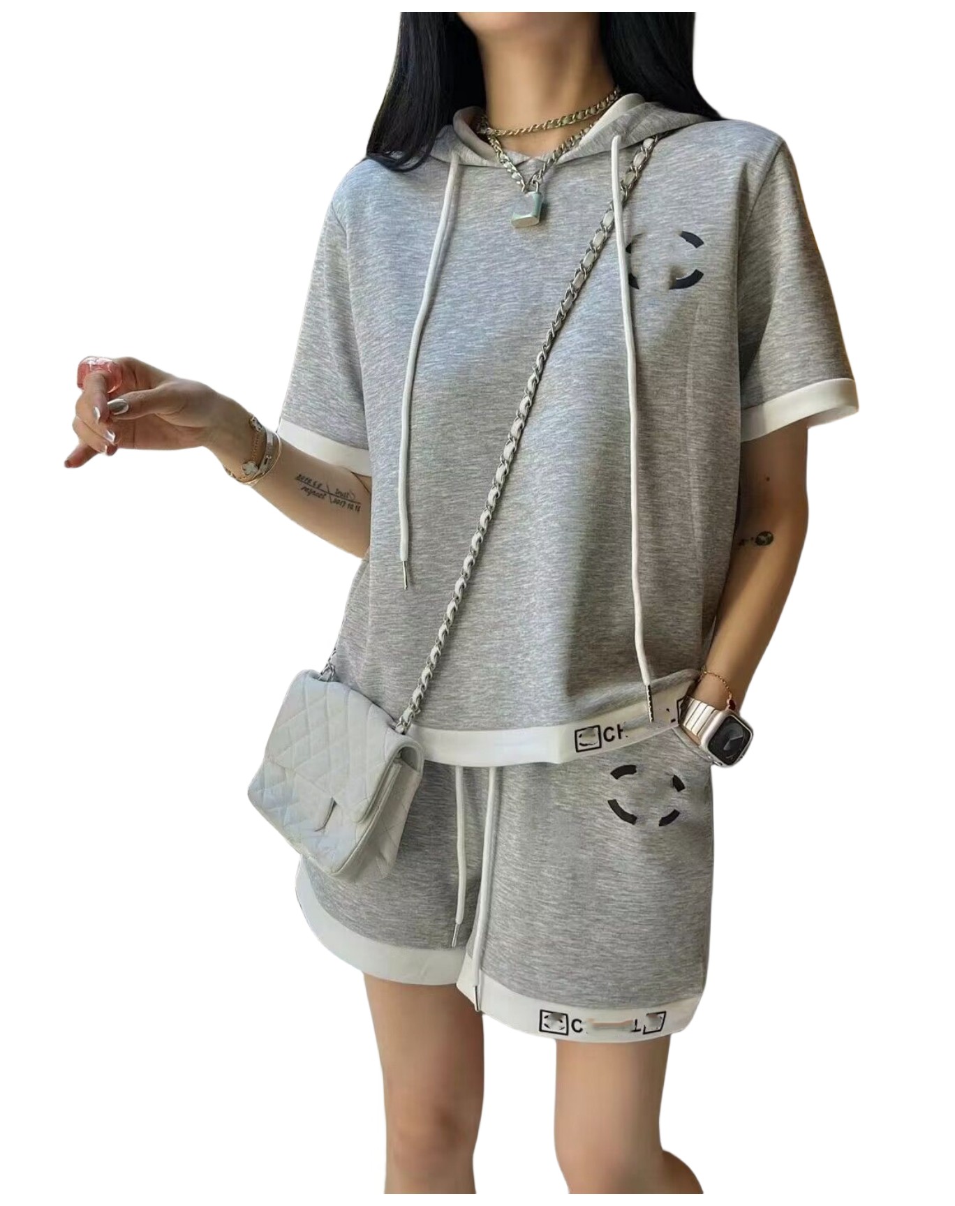 New Design women's hooded logo letter embroidery loose short sleeve sweatshirt and shorts twinset tracksuit SML