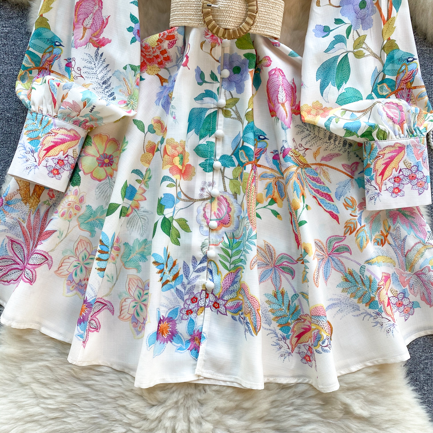 Grundläggande avslappnade klänningar 2024 Holiday Gorgeous Flower Party Dress Women's Stand Long Sleeve Single Breasted Floral Print Belt Linen Mini Vestidos