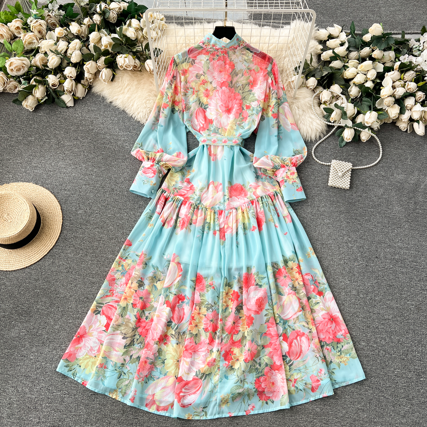 Basic Casual Jurken 2024 Lente Zomer Bloemenprint Chiffon Boheemse Jurk Dames Stand Lange Lantaarnmouwen Ruches Knopen Riem Maxi Gewaad Vestidos