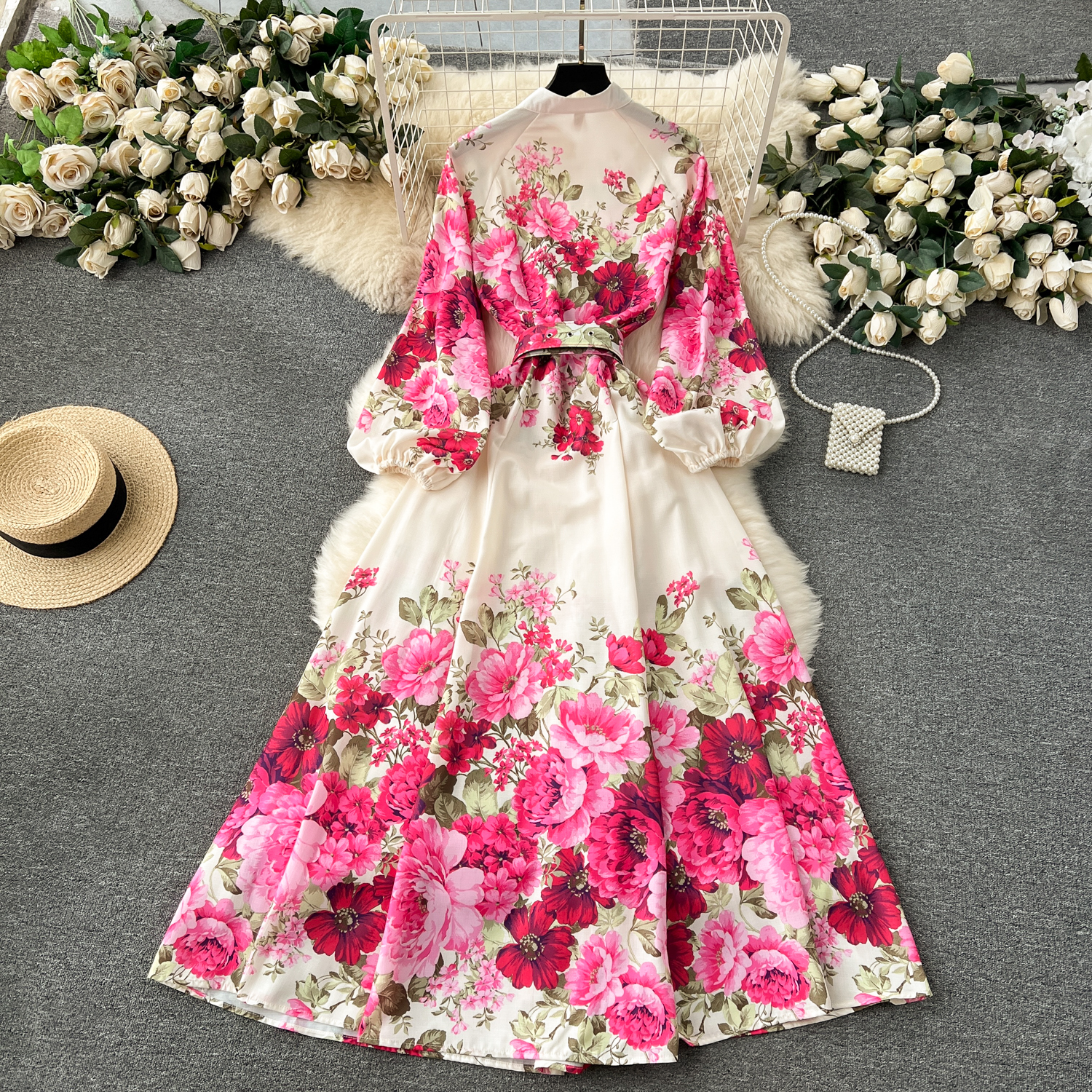 Sukienki swobodne A-line seksowne lato Elegancki wspaniały kwiatowy bohemian sukienka wiosna stoi długa latarnia rękaw kwiatowy pasek do druku bielizny długie ubrania na rozchodnie 2024