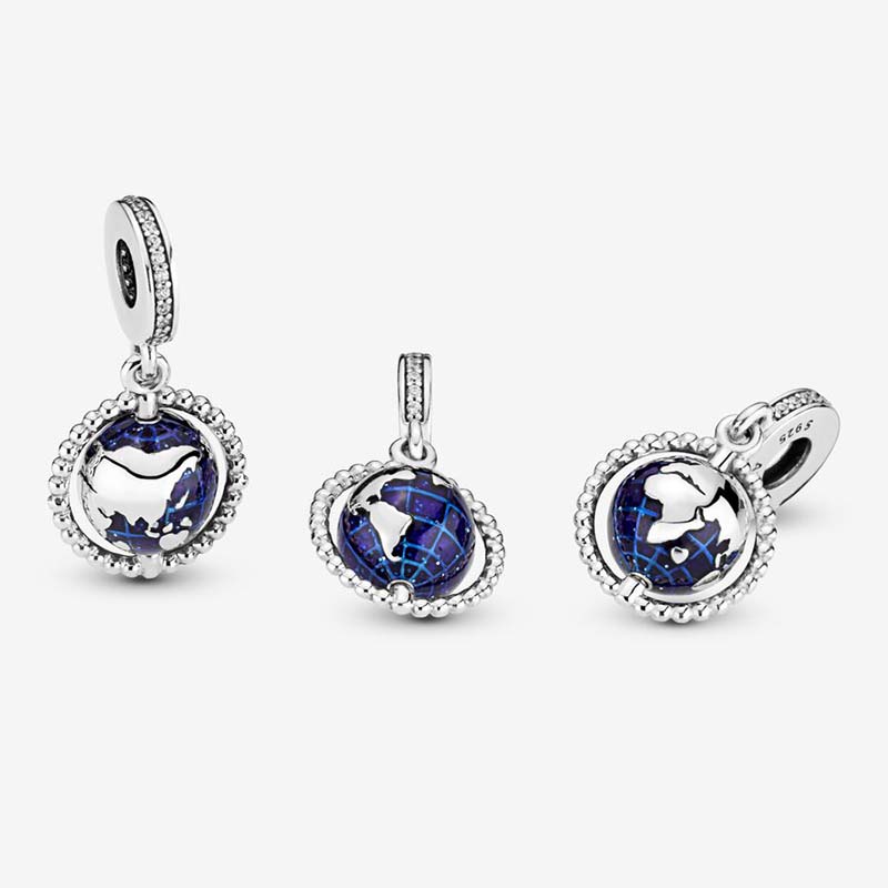 Ciondolo pendente globo rotante Pandoras Set di ciondoli di lusso in argento sterling 925 Bracciale che realizza ciondoli blu Collana pendente di design Scatola originale Qualità TOP