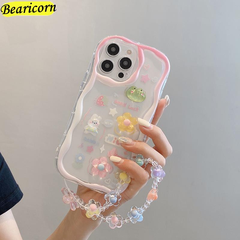 Curly Wave Edge Cream Rabbit Phone Case för Realme Narzo 10A 20A 30A 50 50i Prime N55 GT Master Ins Flowers Wrist Strap Cover