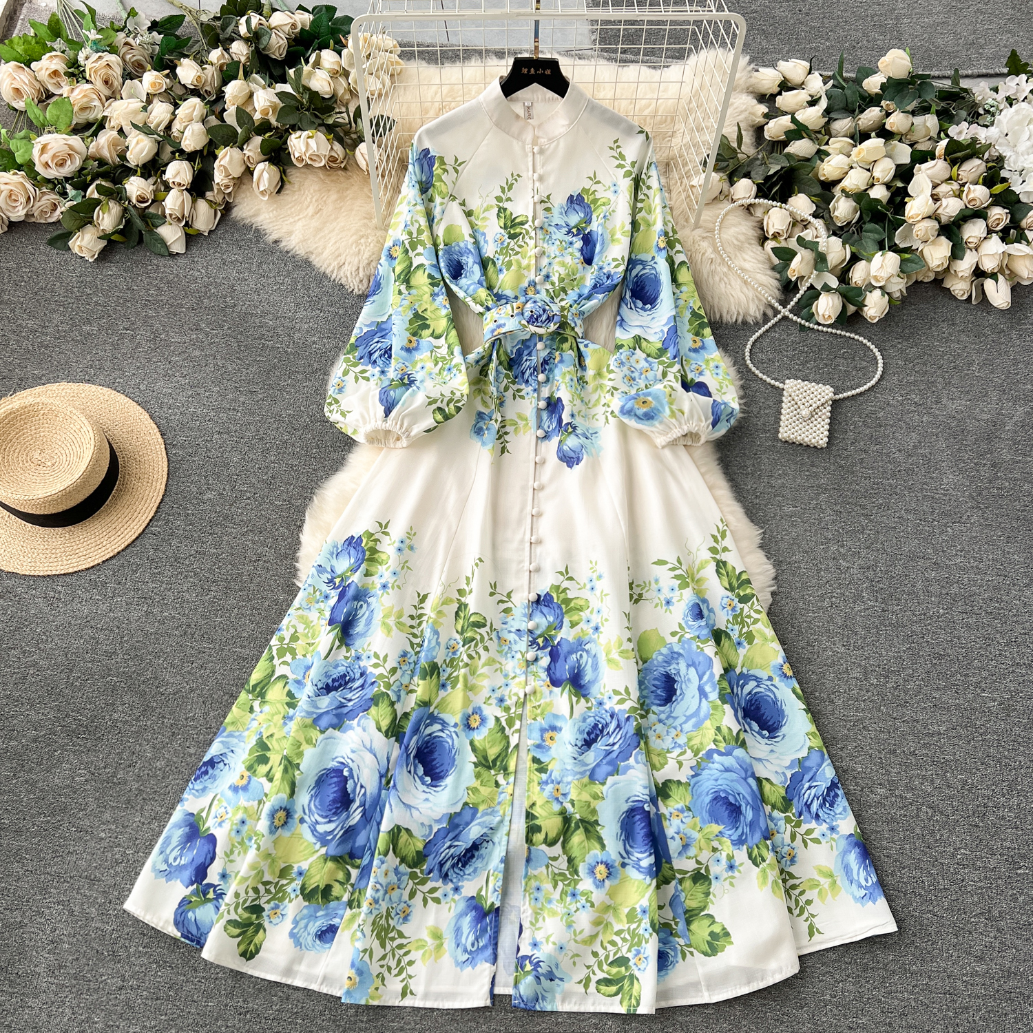 Casual klänningar a-line sexig sommar elegant underbar blommig bohemisk klänning vårkvinnor står lång lykta ärm blommig tryck bälte linne långa vestidos kläder 2024